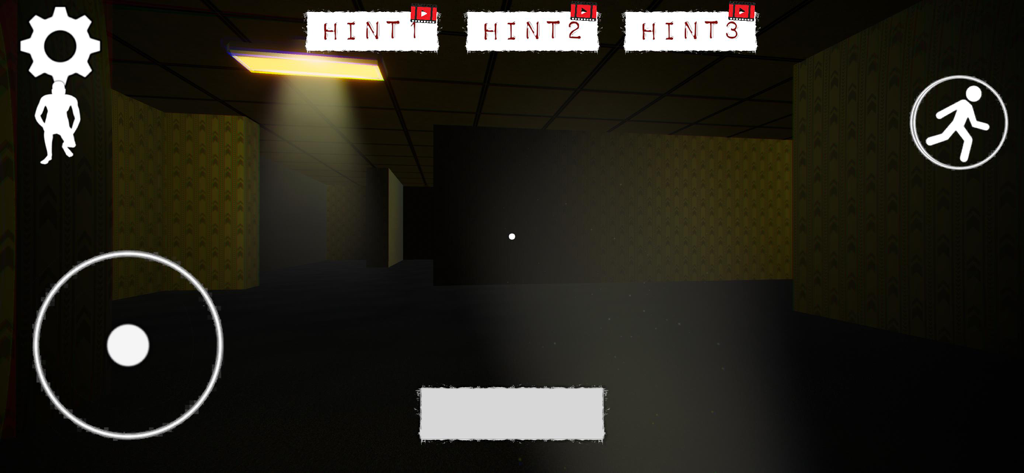 Apeirophobia Escape Backrooms - Juego de Apeirophobia Escape Backrooms con un pasillo oscuro con paredes amarillas y controles en pantalla