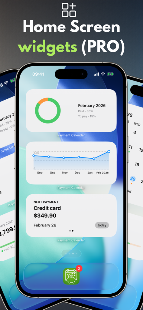 Payment Calendar: Bill Tracker - iPhone screen displaying Payment Calendar Pro home screen widgets for bill tracking and payment statistics