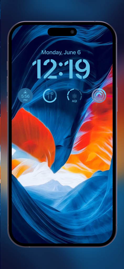 8K WALLPAPERS x 4K Backgrounds - iPhone lock screen with vibrant blue and orange abstract 8K wallpaper and widgets