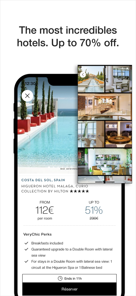 VeryChic: Book Hotel & Flight - VeryChic app showing a 5-star hotel deal in Malaga Spain with exclusive perks and discounts