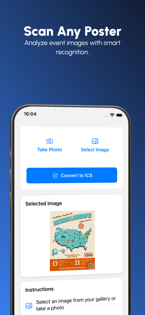 Photo2Calendar Scanner Planner - Interfaz de la aplicación Photo2Calendar que muestra la función Escanear Cualquier Póster con un folleto de concierto seleccionado para la conversión al calendario.