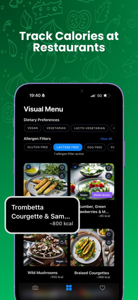 DishPic: Menu Scanner & Macros - Smartphone screen showing the DishPic app visual menu with calorie counts and allergen filters for various restaurant dishes.