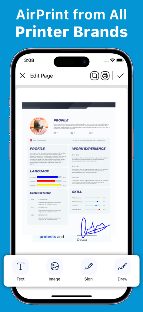 Eine mobile Benutzeroberfläche einer Druck-App, die Dokumentenbearbeitungsfunktionen zeigt, einschließlich des Hinzufügens von Text, Bildern und einer digitalen Signatur.
