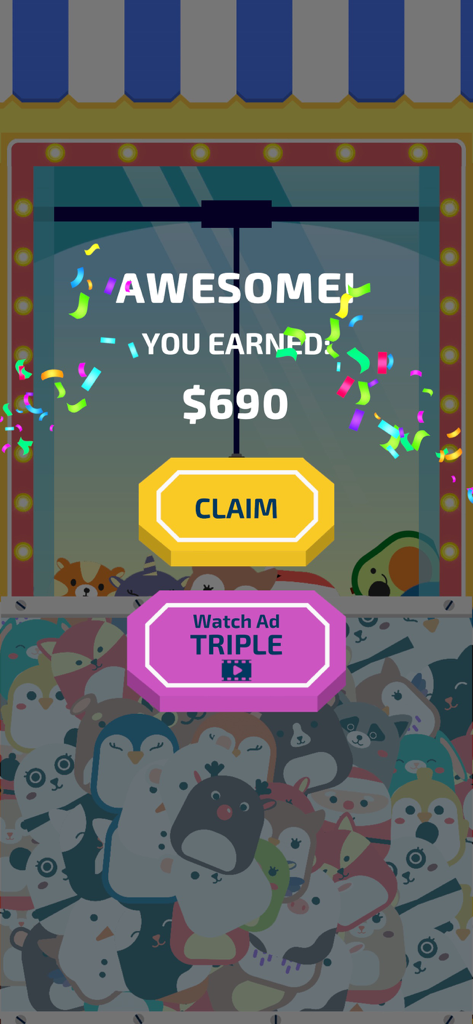 Go Toy! - Go Toy game screen showing 690 dollars earned with buttons to claim or triple rewards over cute plushies