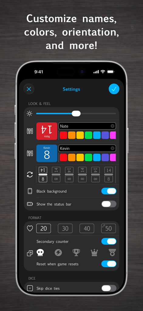 Mutility: MTG Life Counter - Settings screen of the Mutility app showing customization options for MTG player names, colors, and game formats.