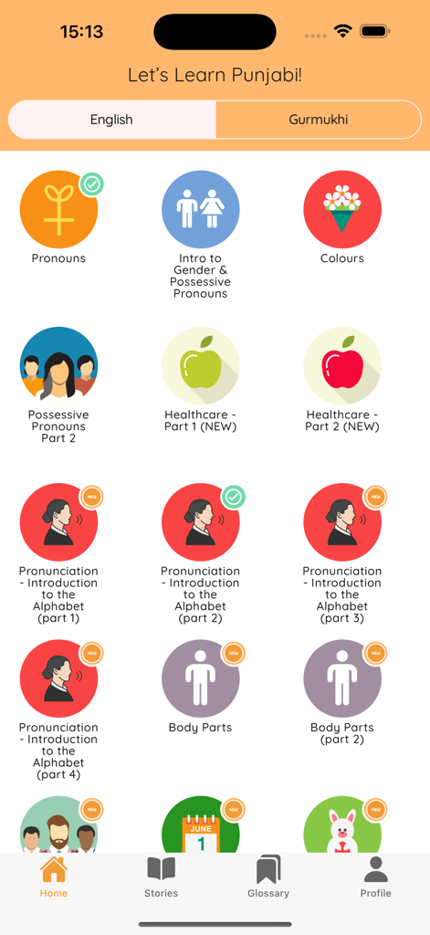 Tela mostrando vários módulos de lições de idioma Punjabi no aplicativo Fluently