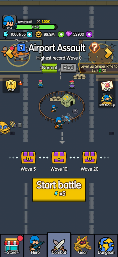 Bag Merge : Zombie Battle - Main mission selection screen for Airport Assault level in Bag Merge Zombie Battle mobile game