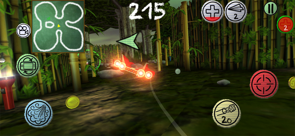 Air Wings® - Air Wingsマルチプレイヤーバトルゲーム、緑豊かな竹林を飛ぶ赤い紙飛行機。