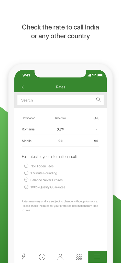 International calling rates and service benefits screen in the CallIndia app