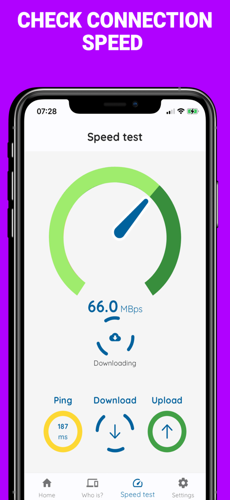 WLAN-Passwort-App-Geschwindigkeitstest-Bildschirm mit einer Download-Geschwindigkeit von 66 MBit/s