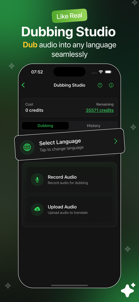 AI Voice Changer - TTS - AI Voice Changer Dubbing Studio screen with options to record or upload audio and select language