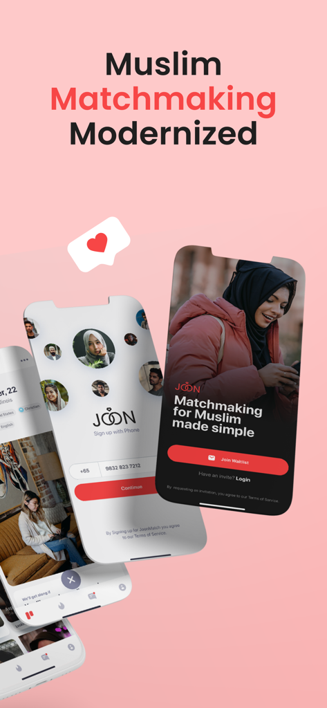 Joon app screens showing Muslim matchmaking modernized with profiles and sign up