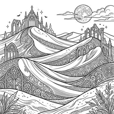 Journey into a spooky desert dreamland with this unique Gothic Sand Dunes coloring page, perfect for adventurous kids. Discover ancient-looking structures, mysterious bats, and swirling patterns waiting for your creative touch.