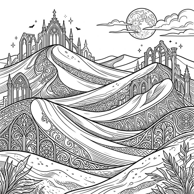 Journey into a spooky desert dreamland with this unique Gothic Sand Dunes coloring page, perfect for adventurous kids. Discover ancient-looking structures, mysterious bats, and swirling patterns waiting for your creative touch.