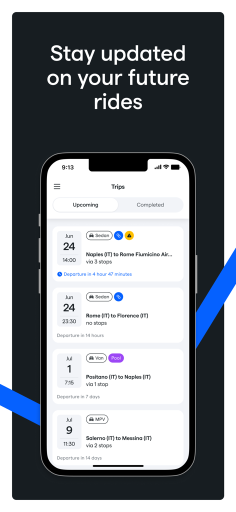 Daytrip Driver - Interfaz de la aplicación Daytrip Driver que muestra una lista de próximos viajes profesionales programados de larga distancia con detalles de la ruta y el vehículo