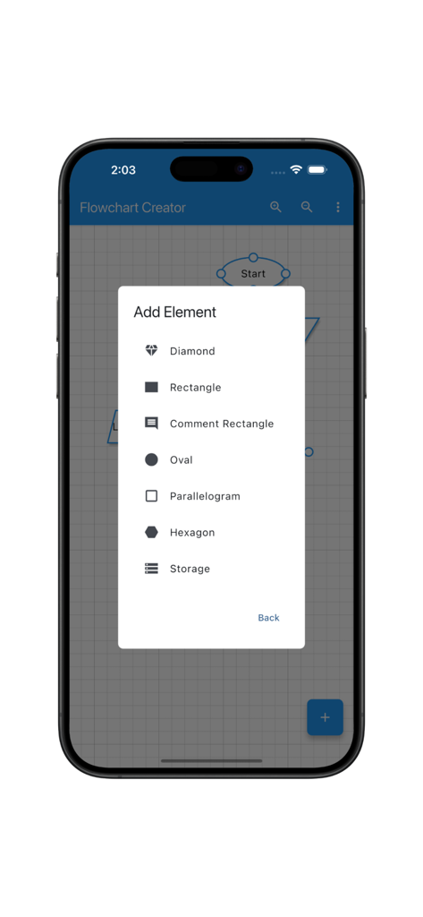 Flowchart Creator(Pro) - Flowchart Creator Pro mobile app interface showing the add element menu with options for diamond, rectangle, and oval shapes.