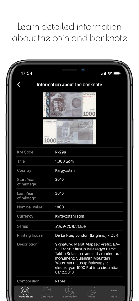 Maktun: Coin, Note Collection - Un écran d'information détaillé pour un billet de 1000 Som du Kirghizistan dans l'application Maktun