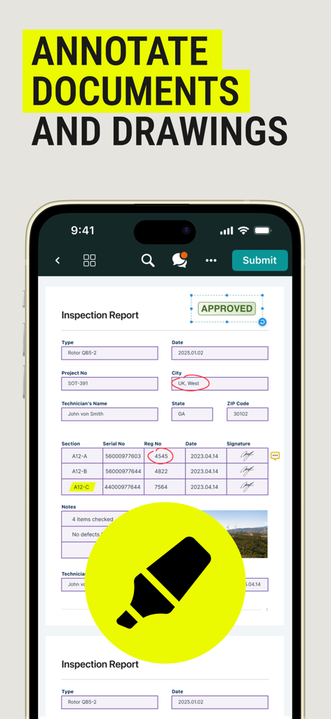 Fluix Docs mobile app screen showing digital document annotation and inspection report markup.