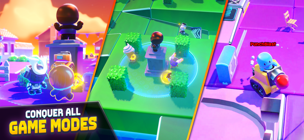 Rumble Club - Un collage montrant différents niveaux et personnages du jeu dans Rumble Club avec le texte Conquérez tous les modes de jeu.