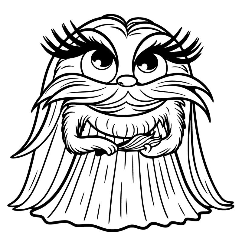 the lorax with long lashes and big lips warming a dress