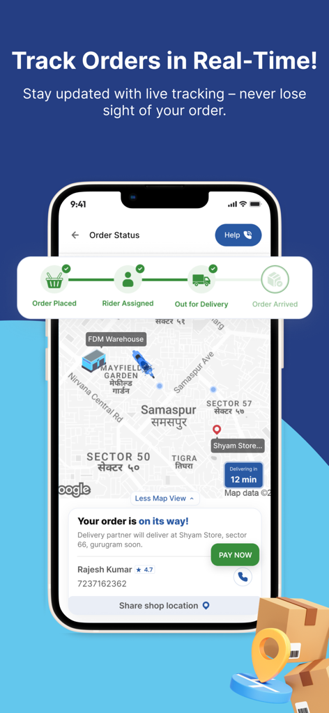 페어딜 마켓 앱의 실시간 주문 추적 인터페이스, 지도에서 실시간 배송 진행 상황 표시