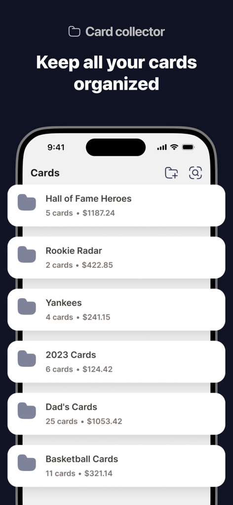 Sports cards scanner: Scardo - A mobile screen from Scardo app showing sports card collections organized into folders with total portfolio values