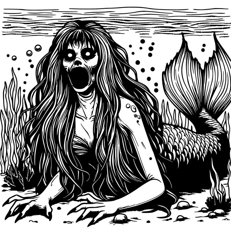 scary realistic mermaid under water with long hair