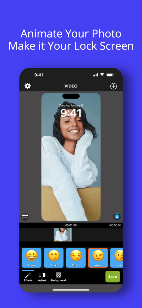 Una captura de pantalla de la aplicación Video Wallpaper que muestra cómo animar una foto de retrato con efectos de emoji para una pantalla de bloqueo de iPhone.