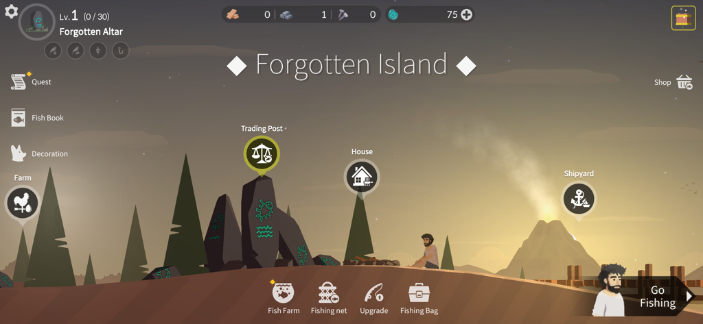 Casting Away - Gameplay screenshot of Casting Away showing the Forgotten Island hub with building icons and a character at sunset.