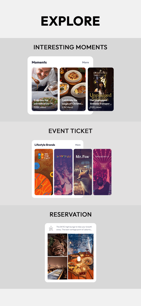 ISMAYA+ - Mobile app screens for ISMAYA showing social content, event tickets for lifestyle brands, and dining reservation options.