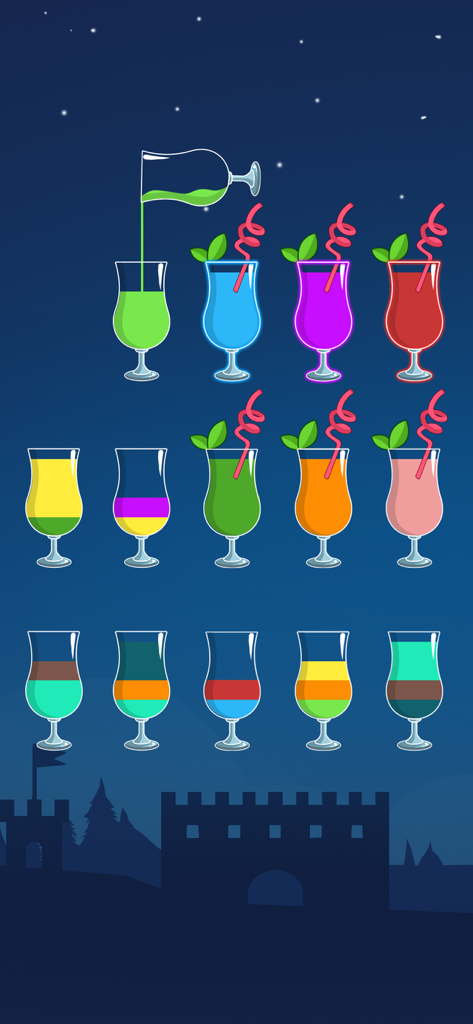 Water Sort Puzzle - カクテルグラスに着色された液体がソートされている様子を示すWater Sort Puzzleのゲームプレイ