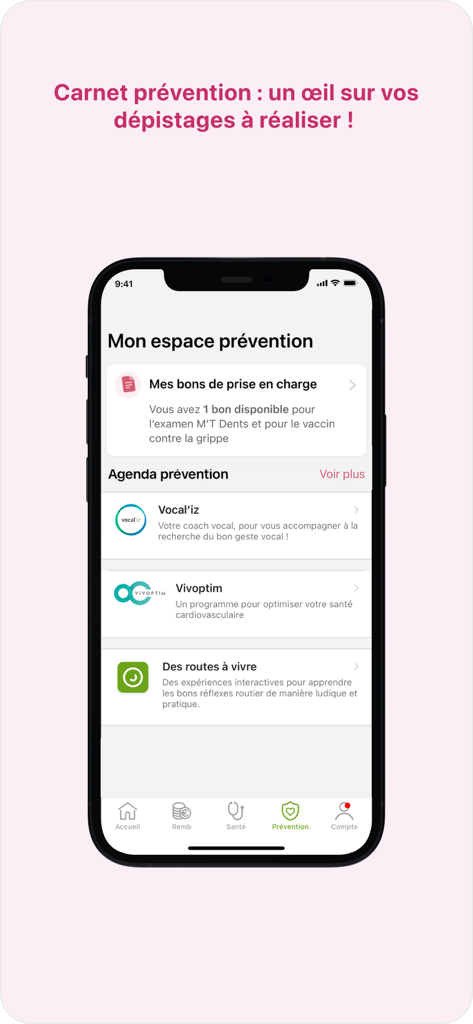 Mutuelle MGEN Espace personnel - Espace prévention de l'application mobile MGEN montrant des bons santé et des rappels de dépistage