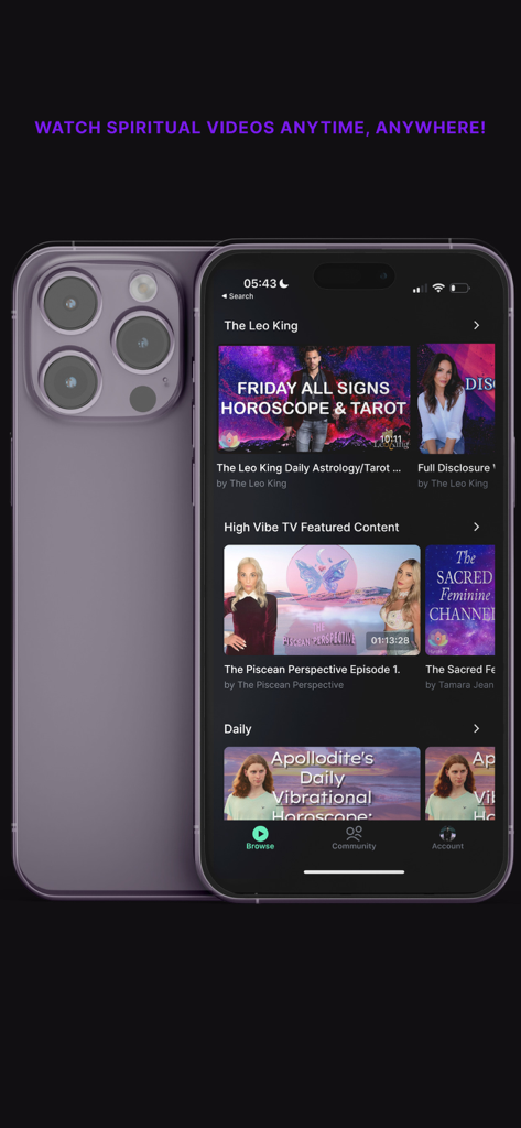 High Vibe TV Spiritual Network - High Vibe TV app interface on iPhone showing spiritual video content and daily horoscopes