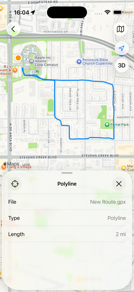 Geodata Map Viewer - Vista de mapa que muestra una ruta GPX grabada con detalles de metadatos de polilínea y una longitud total de dos millas