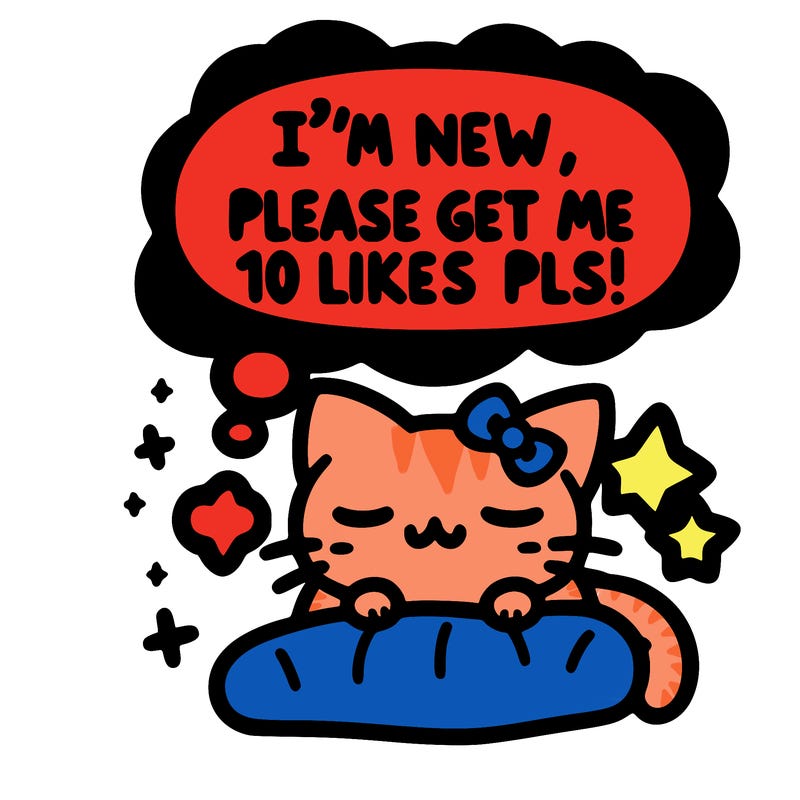 kitty taking a nap dream talking and saying "i'm new, please get me at least 10 likes pls!!"