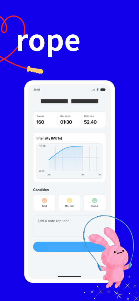 Jump Rope Fitness:Jump Counter - A minimalist workout summary screen in the Jump Rope Fitness app showing jump count calories and an intensity graph