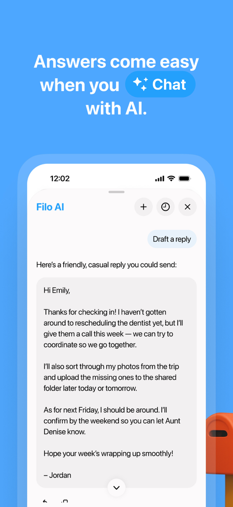 FiloMail - AI Gmail Client - FiloMail app interface showing an AI-generated draft reply to a Gmail message