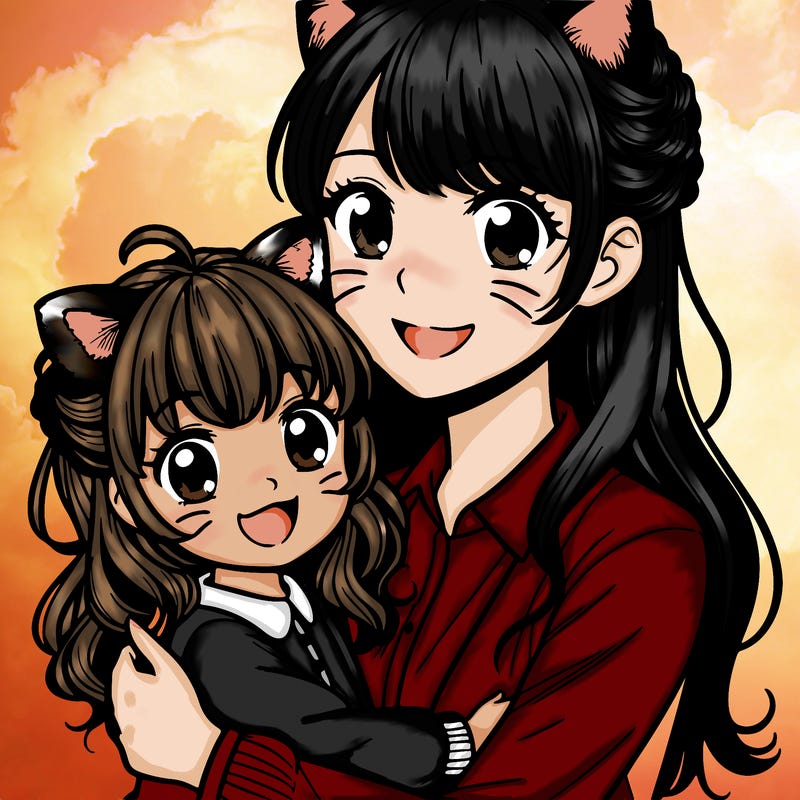 manga character mom with long hair and bangs with daughter with short hair and bangs and cat ears hugging tight while both smiling