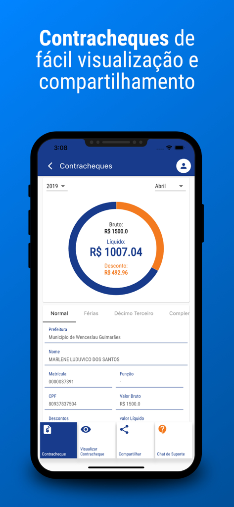 Pantalla móvil que muestra un recibo de nómina brasileño con un gráfico circular que muestra el ingreso bruto, el ingreso neto y las deducciones.