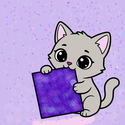 a small cat with a blank sheet of paper in its hand. the cat is sooooooo cute!