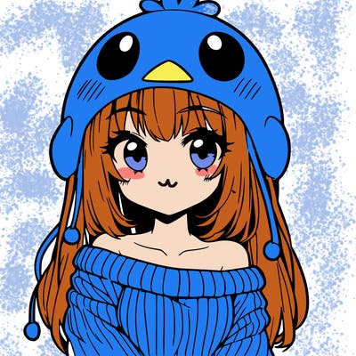 anime girl with chick shaped hat with sweater with bare shoulders with bangs covering them one eye with low tail