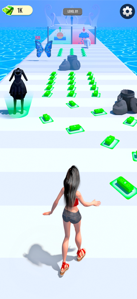 Good and Bad Mom Run - A female character in a hyper-casual runner game collecting money and facing life choice gates on an ocean path.