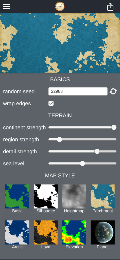 Cartographer - RPG World Maker - Interfaz de la aplicación Cartographer que muestra controles deslizantes de terreno y varios estilos de mapa como pergamino y lava