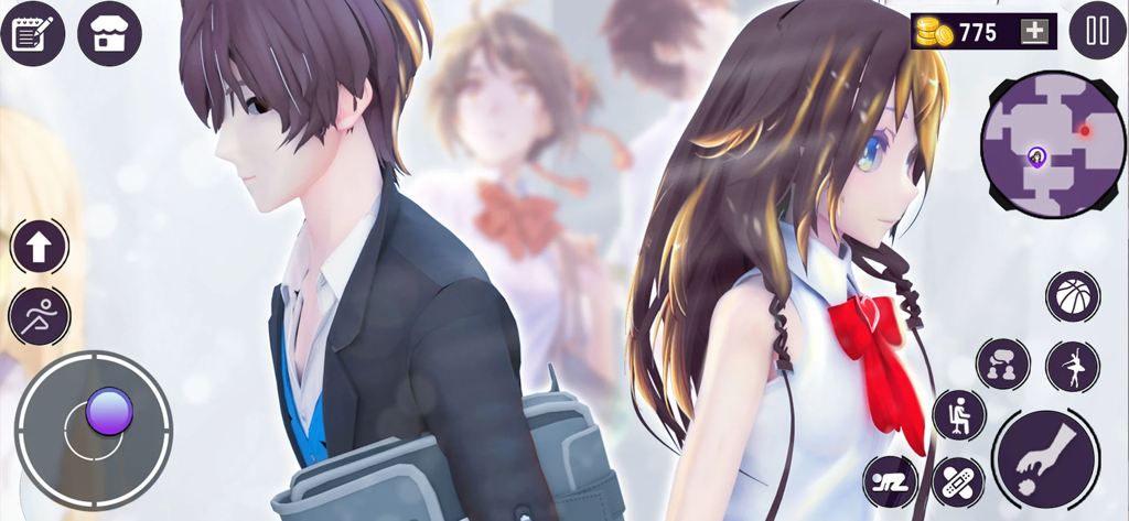 Anime High School Girl Sim - Gameplay screenshot of Anime High School Girl Sim showing two anime characters in a school setting with on-screen controls and a mini-map.