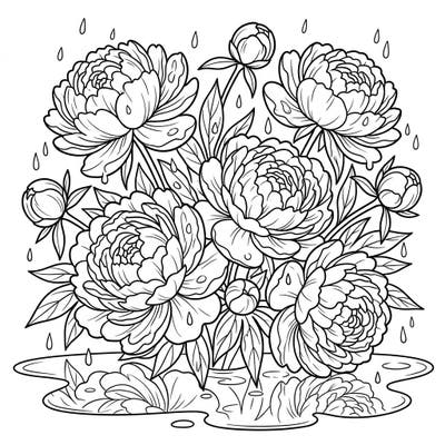 Discover the serene beauty of blooming peonies caught in a gentle rain. This intricate design offers a calming coloring experience for nature lovers.