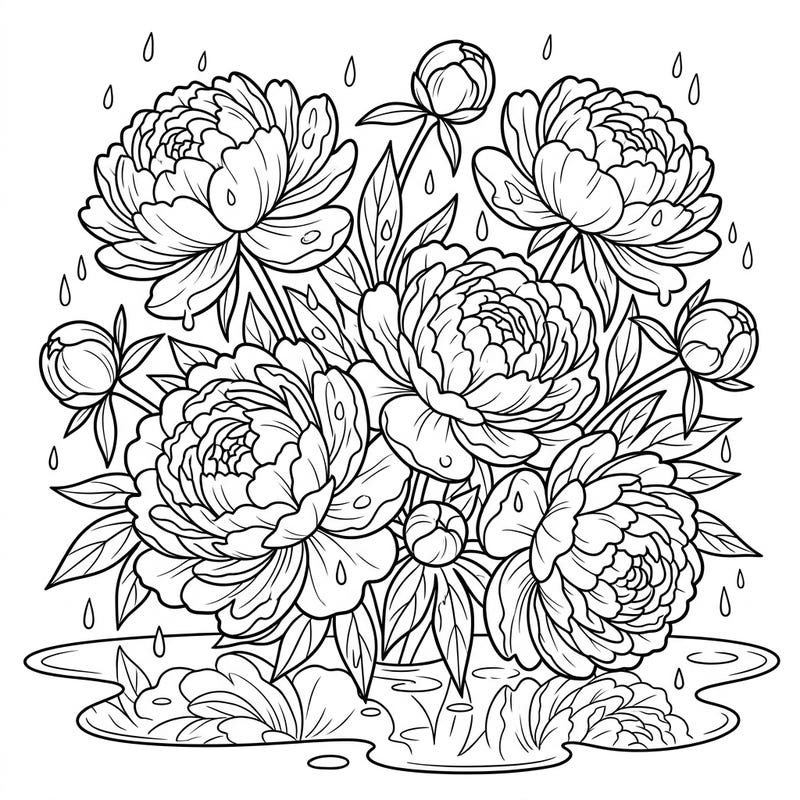 Discover the serene beauty of blooming peonies caught in a gentle rain. This intricate design offers a calming coloring experience for nature lovers.