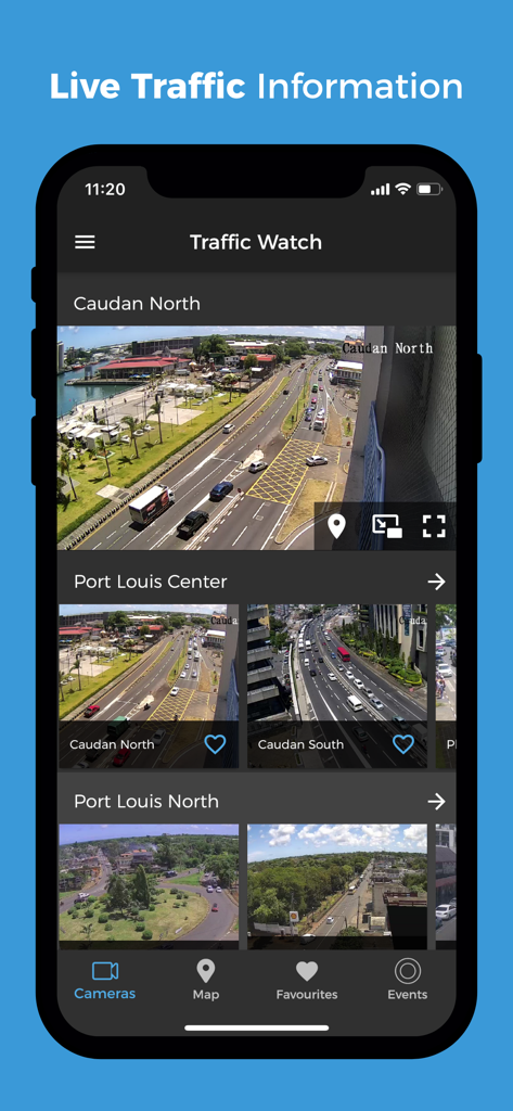 Interface of the my.t traffic watch app showing live traffic camera feeds for various locations in Port Louis Mauritius