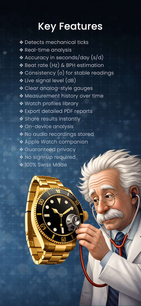 Tick-O-Meter - A list of Tick-O-Meter app features next to an illustration of a doctor using a stethoscope on a luxury gold wristwatch.