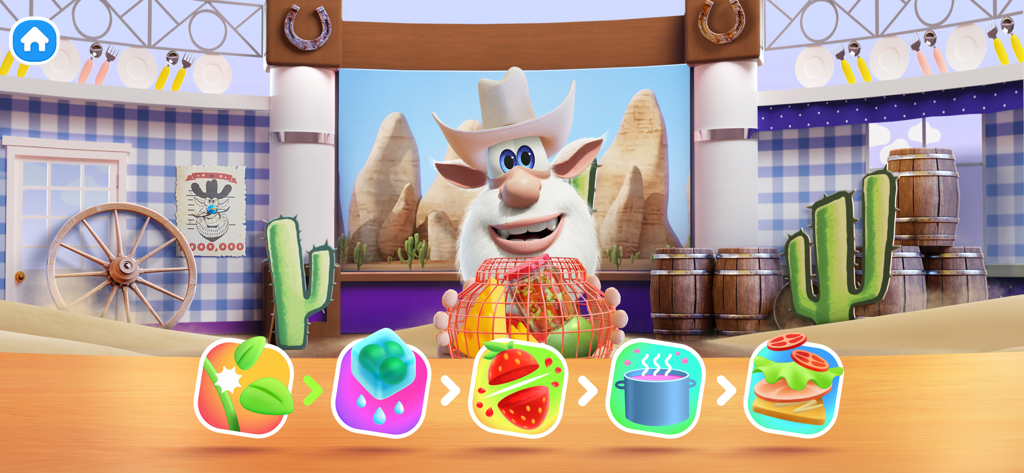 Booba Kitchen: Cooking Food - Booba the Chef in a cowboy hat showing cooking game levels in a western themed kitchen