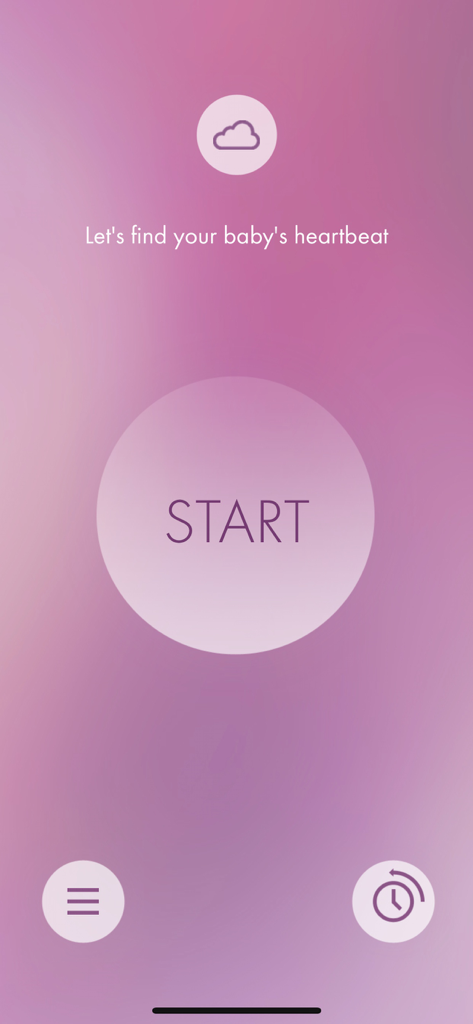 HeraBEAT app home screen with a large Start button and the text Let's find your baby's heartbeat